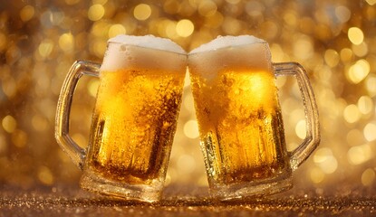 Two overflowing mugs of golden beer clinking together in a celebratory toast with a dramatic splash of foam and bright bokeh background