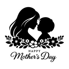 Elegant Black Silhouette of Mother and Child with Floral Accents for Happy Mother's Day Celebration