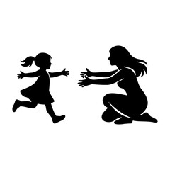 Silhouette of young daughter running with open arms towards her mother for a warm embrace