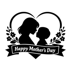 Elegant Happy Mother's Day silhouette graphic with a mother and child inside a decorative floral heart