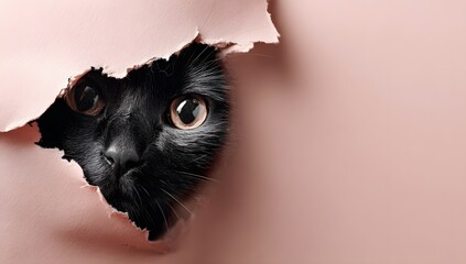 A curious black cat peeks out from a torn hole in a pink colored paper background