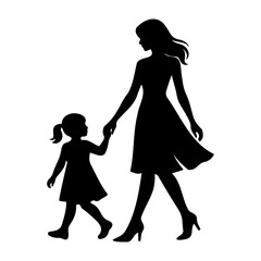 Black silhouette of a mother and young daughter walking together holding hands isolated on transparent background
