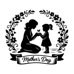 Mother and daughter silhouette with floral frame and butterfly for Happy Mother's Day greeting card