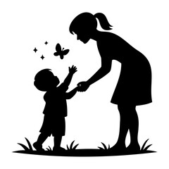 Black silhouette of a mother and child holding hands while watching a butterfly in nature