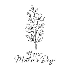 Elegant black and white line art floral bouquet with Happy Mother's Day script for greeting cards