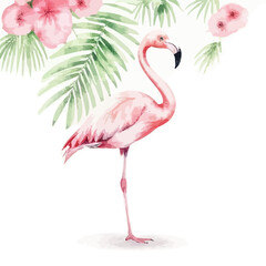 Fototapeta premium Pink Flamingo Standing Under Tropical Flowers and Leaves