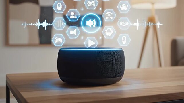 Smart home technology concept featuring a modern smart speaker device with interactive icons representing voice control automation and connected living in a contemporary interior setting