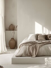 Cozy Minimalist Bedroom with Natural Tones and Soft Textiles