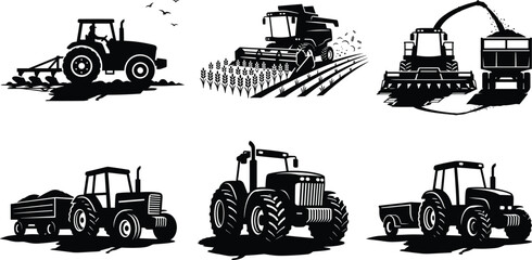 Set of agricultural machinery silhouettes including farm tractors with trailers plows and combine harvesters isolated on white background for farming icons © Its' Lima
