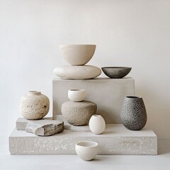 Modern Minimalist Pottery Arrangement on Textured Stone Surface