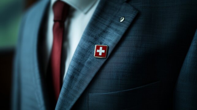 A suit with a pin with the Swiss flag.Close-up of a business suit with a pin with the Swiss flag, symbolizing national identity, diplomacy and professional representation in international business