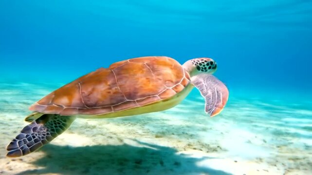 Green sea turtle swimming gracefully in clear blue ocean water over sandy seabed.