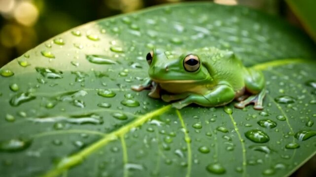 Green frog resting on a wet leaf with water droplets after rain.