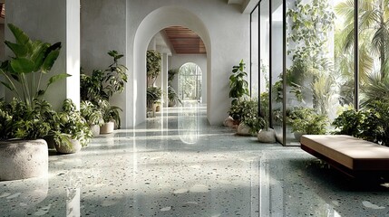 Fototapeta premium Modern Interior Design with Lush Plants and Terrazzo Flooring Hallway