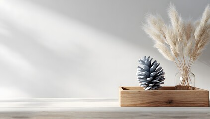 Minimalist still life of a wooden board with dried blue pampas grass and pinecones on a bright background