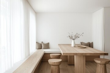 Modern Minimalist Dining Area with Natural Wood Table and Decor