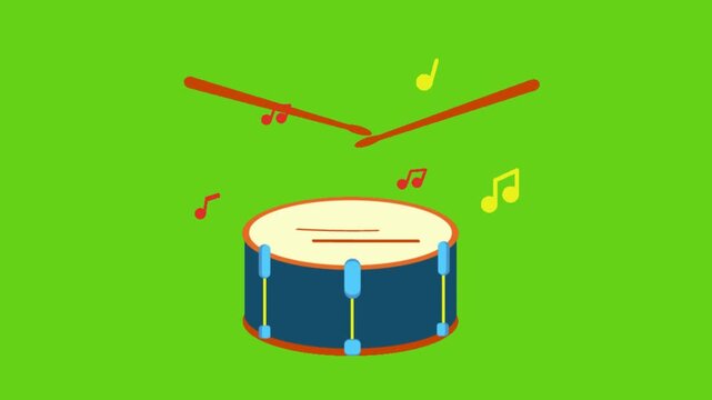 Minimalist graphic depiction of a blue snare drum being struck rhythmically by two orange drumsticks amidst floating musical notes suggesting percussion performance.