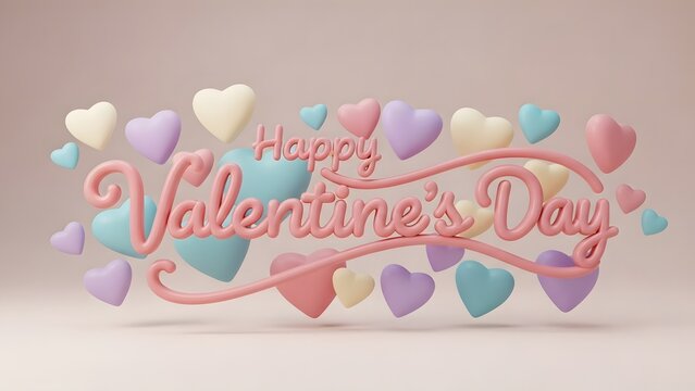 Colorful 3d valentines day greeting with floating hearts and flowing shapes - Powered by Adobe