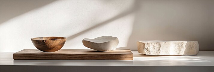 Wooden Bowl and Stone Decor on Minimalist Surface in Soft Light