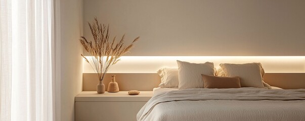 Cozy Minimalist Bedroom with Soft Lighting and Natural Accents
