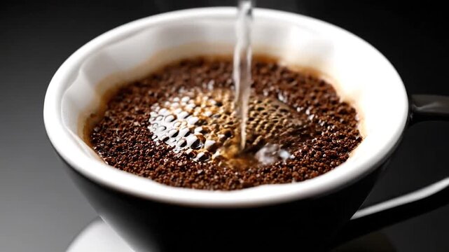 Close-up of water pouring into a white-lined coffee dripper filled with coffee grounds