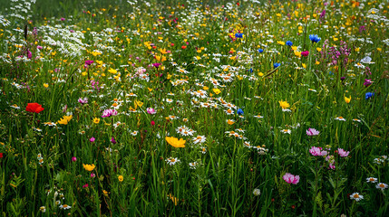Vibrant Wildflower Meadow with Diverse Blooms and Green Grass