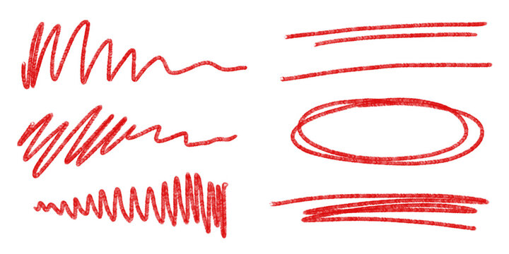 illustration: set of red scribble highlighter marker lines, circles and scribblings isolated on white or transparent png