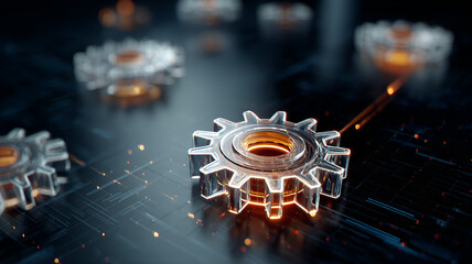 Glowing Metallic Gear Wheels with Sparks Representing Industrial Technology and Innovation.