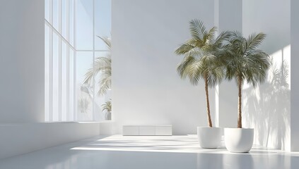 Minimalist interior design with a large potted green palm plant casting long shadows on an empty clean white wall and floor in bright sunlight