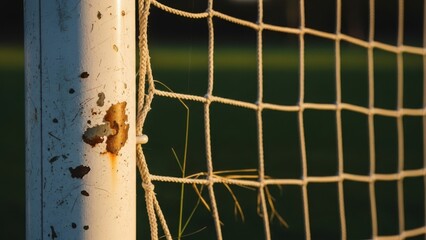 A close-up view of a worn and rusty soccer goal post with a torn net on a green field