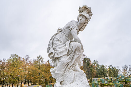 Marble statue of Minerva, the Roman goddess of wisdom and war, in Sanssouci Park in Potsdam Germany.