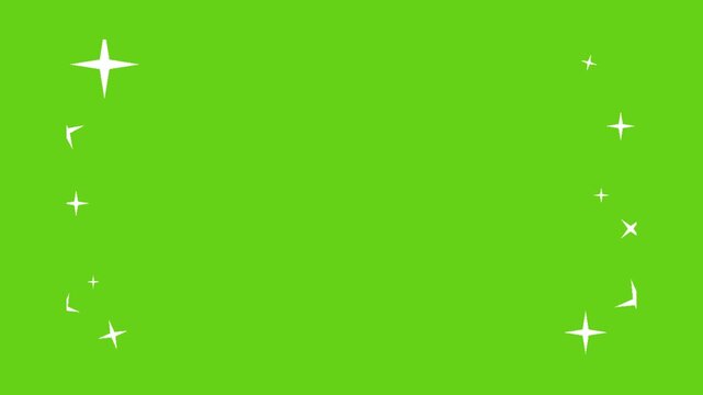Simple animated white sparkle and twinkle effects overlaid on a bright green screen chroma key background for easy video compositing and special effects design.