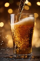 Close up of golden beer being poured from a bottle into a glass creating foam and bubbles with warm bokeh background light