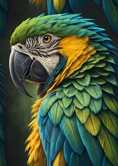 Fototapeta premium Close-up profile of a vibrant blue-and-yellow macaw with detailed feathers and sharp eye against dark background for commercial and editorial creative use