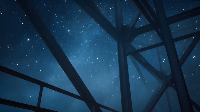 A dark industrial steel framework is silhouetted against a deep blue night sky filled with countless stars and a gentle mist