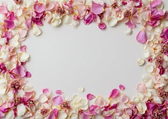 Obraz premium Romantic Background Featuring a Rectangular Border of Pink and Cream Rose Petals with Central Copy Space