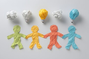 Group of colorful paper human figures and crumpled light bulbs representing a diverse team brainstorming new ideas and innovation