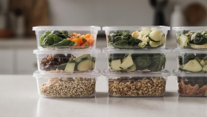 Stacks of healthy prepared meals in plastic containers for weekly meal prep.