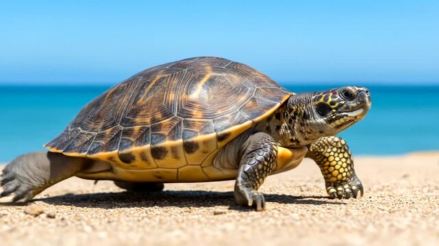 Green sea turtle walking on a sandy beach with the ocean in the background on a sunny day.