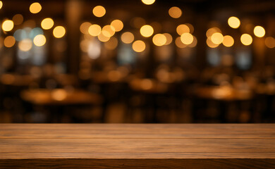 Close-up of a wooden table top in a restaurant, with blurred bokeh lights creating a warm ambiance