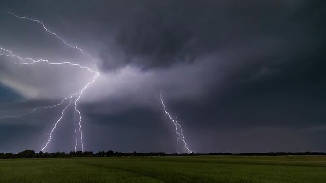 Dark storm clouds over flat rural field with bright lightning bolt slicing the sky