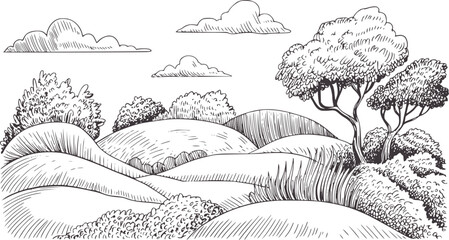 Detailed hand drawn landscape with rolling hills trees and clouds line handdrawn © Md