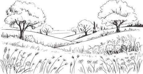 Detailed hand drawn pencil style landscape with trees and meadow vegetation © Md