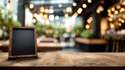 The menu on the table in the restaurant with blurred background. Design template or mockup with copyspace