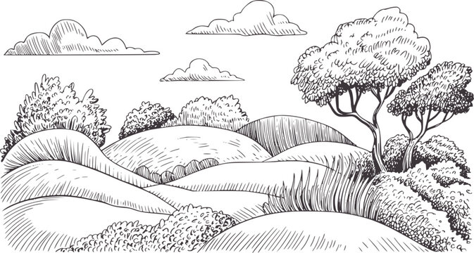 Detailed hand drawn landscape with rolling hills trees and clouds line handdrawn