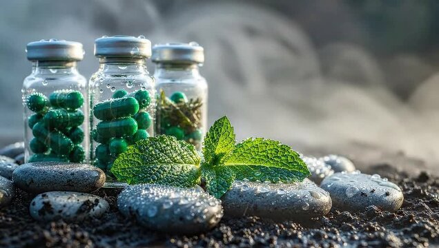 Natural Herbal Medicine Capsules and Fresh Mint Leaves Arrangement.