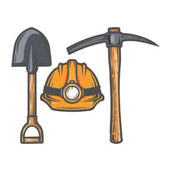 Mining industry equipment set with yellow hard hat pickaxe and shovel for worker protection