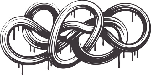 Interlocking rings symbol with dripping paint effect in black and