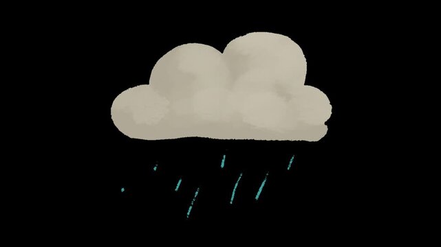 Charming simple animated illustration depicts a textured off white rain cloud isolated against a black background signaling wet weather conditions.