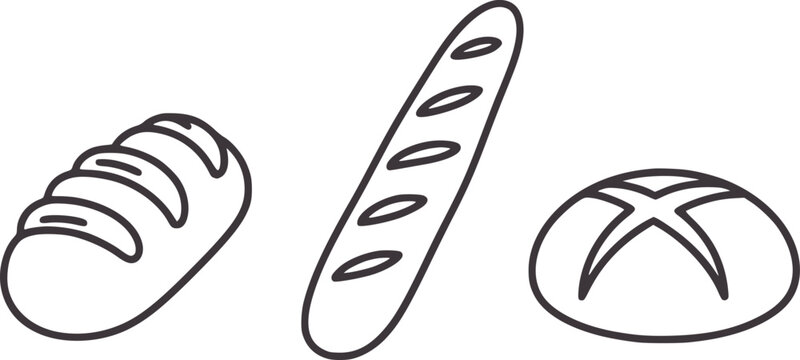 Three different types of bread loaves in black and line